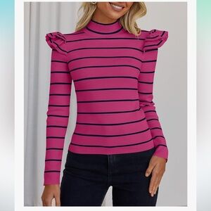 Zesica Striped Ruffle Ribbed Turtleneck Sweater- Size Small